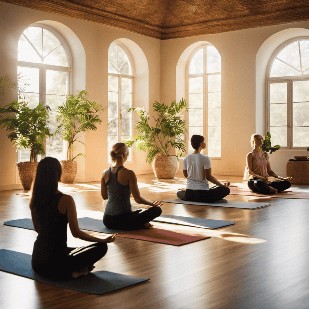 An image showcasing a serene, sunlit room with individuals engaged in mindfulness-based interventions for stress reduction