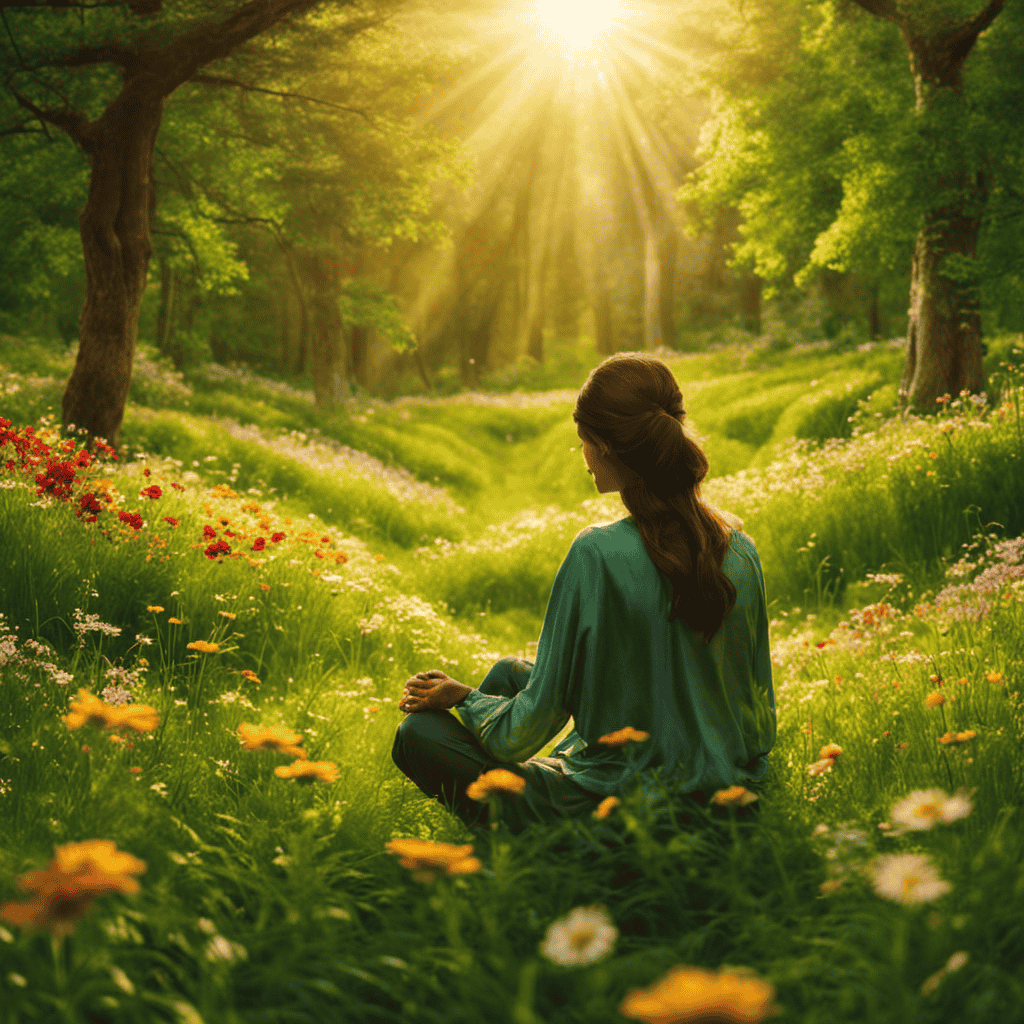 An image showcasing a serene forest scene, with a person sitting cross-legged on a lush green meadow, eyes closed, basking in the golden sunlight, surrounded by vibrant flowers, symbolizing the transformative power of mindfulness in alleviating stress