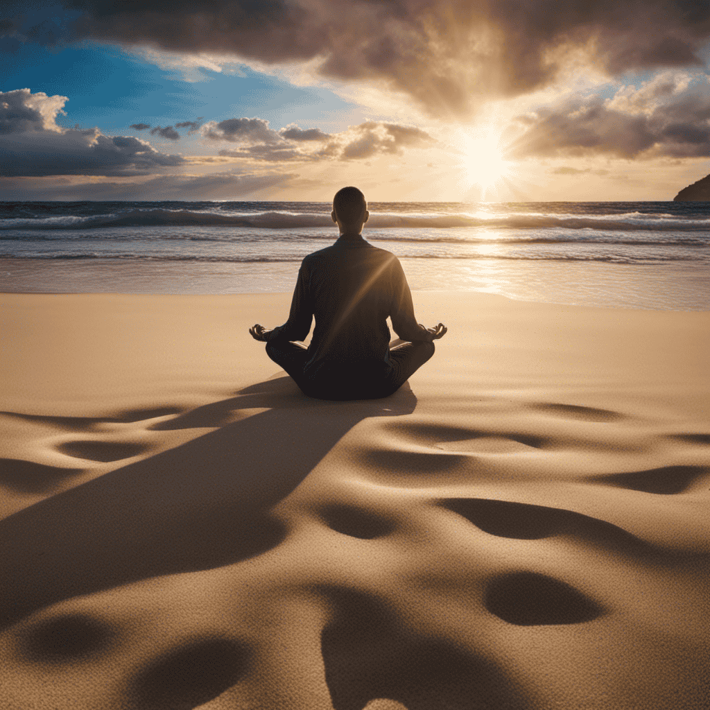 An image showcasing a serene beach scene, with a person sitting cross-legged, eyes closed, practicing mindfulness meditation