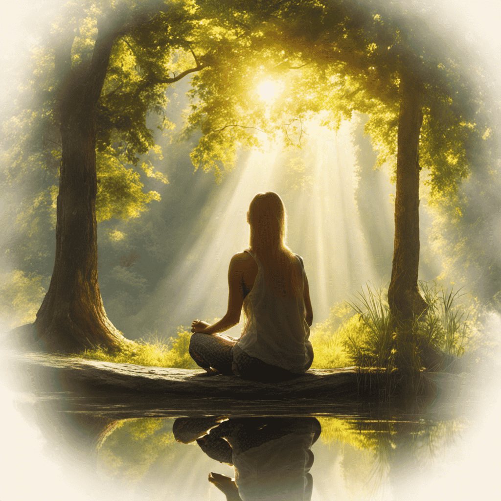 An image that depicts a serene morning scene with a person sitting cross-legged on a cushion, surrounded by nature