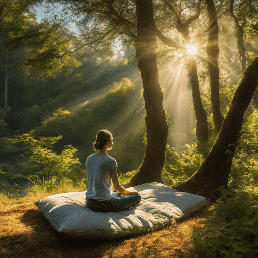 An image that depicts a serene morning scene with a person sitting cross-legged on a cushion, surrounded by nature