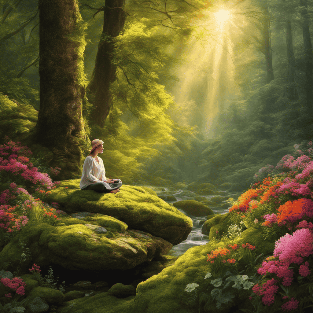An image that depicts a serene forest scene, with a person sitting cross-legged on a moss-covered rock, eyes closed, surrounded by vibrant flowers, as warm sunlight filters through the trees, evoking a sense of calmness and tranquility