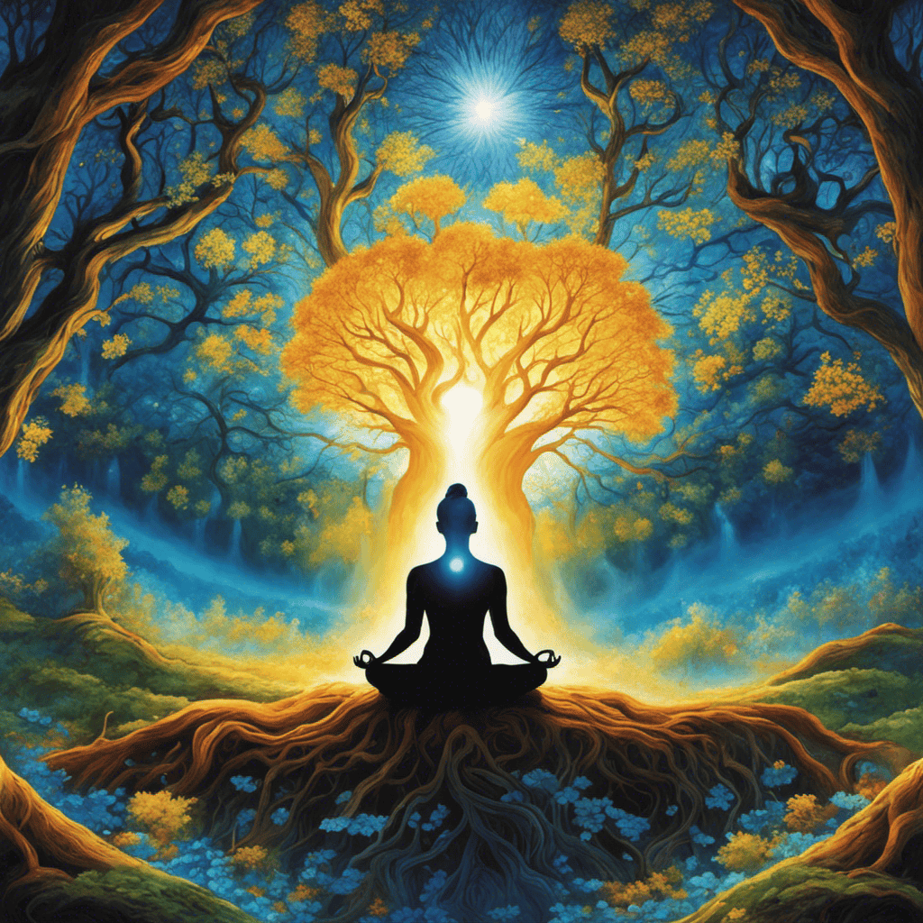 An image depicting a person meditating beneath a radiant tree, where vibrant energy fields extend from their body, intertwining with nature