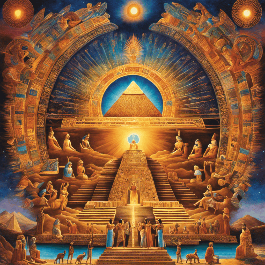 An image depicting ancient civilizations and their belief in auras, showing Egyptians intricately painting vibrant auras around their deities, while Indus Valley people meditate, surrounded by ethereal, halo-like energy fields