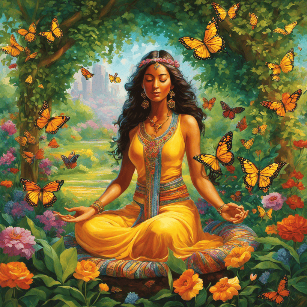 An image of a serene figure sitting cross-legged amidst a lush, vibrant garden