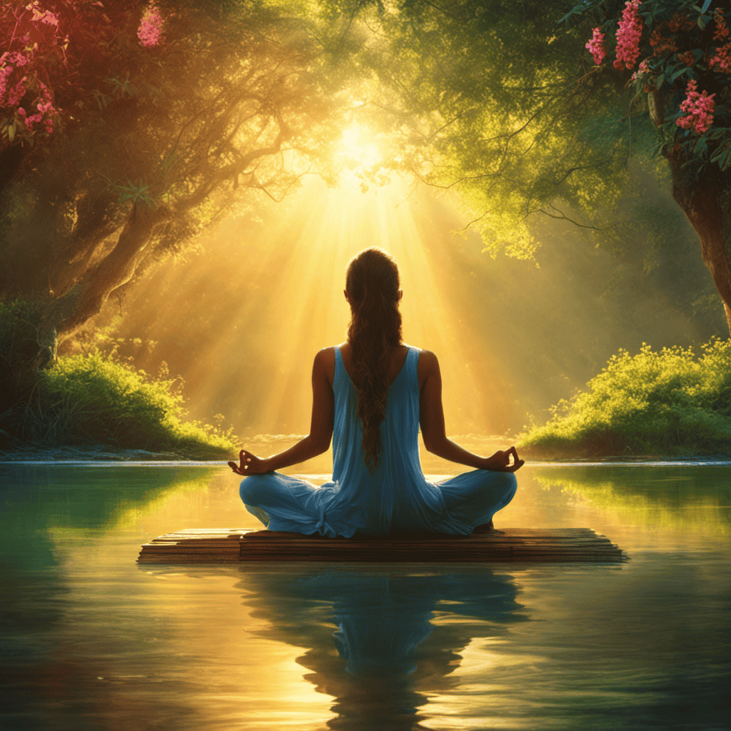 An image showcasing a serene setting with a person sitting cross-legged, eyes closed, surrounded by vibrant nature