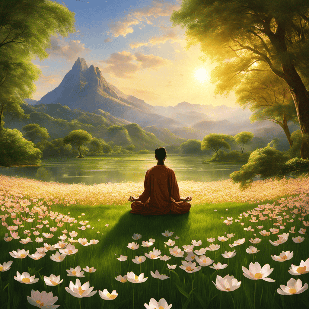 An image of a serene oasis amidst towering mountains, where a meditator sits on a lush green meadow, bathed in golden sunlight, surrounded by floating petals, symbolizing the transcendence of one's meditation practice