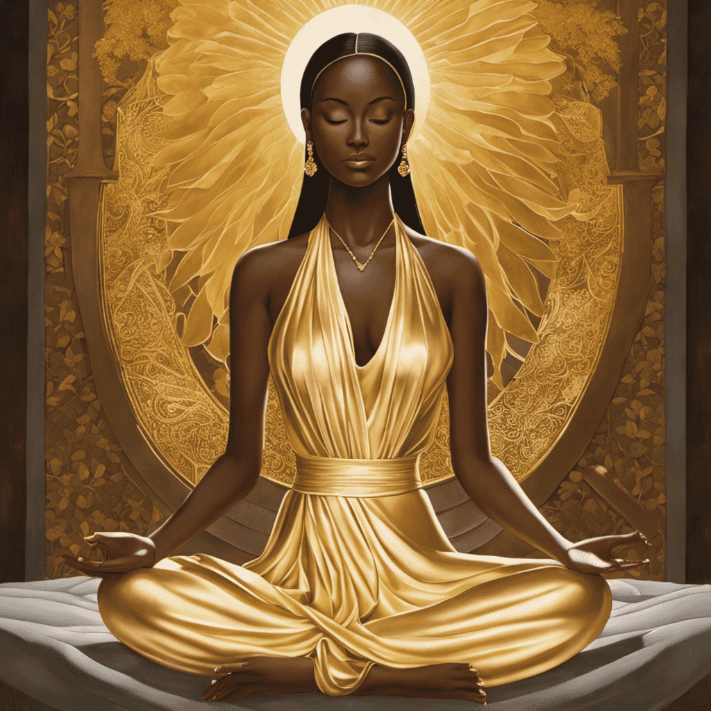 An image showcasing a serene figure sitting cross-legged, surrounded by a soft golden light