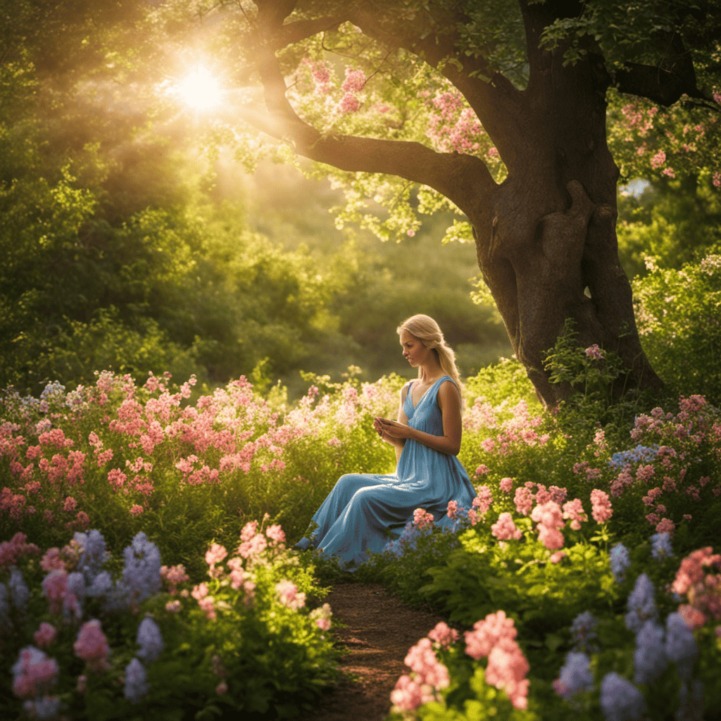 An image capturing a serene setting: a person, cross-legged, eyes closed, sun gently shining through lush trees, surrounded by blooming flowers, as their mind peacefully embraces the present moment