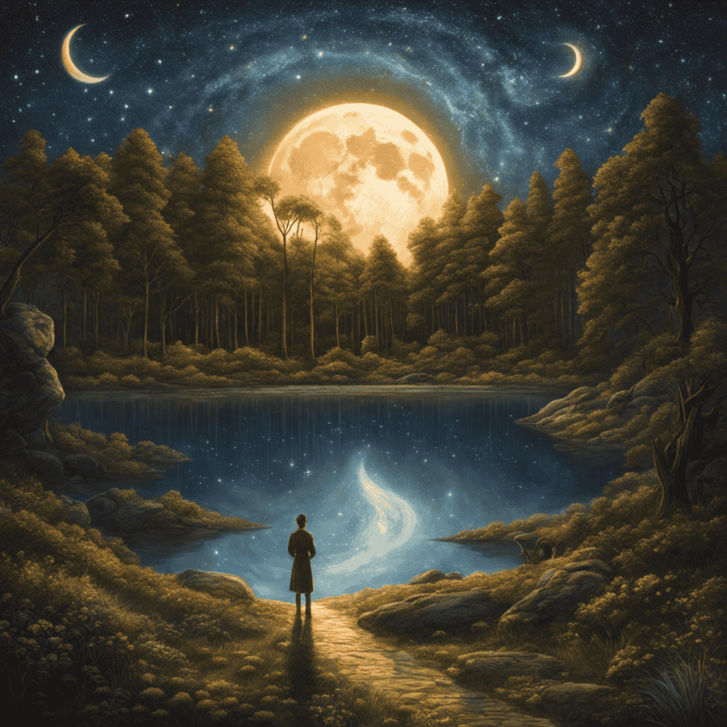 An image portraying a serene, starlit sky as a gateway to the subconscious, with a figure deciphering dream symbols beneath a luminous moon
