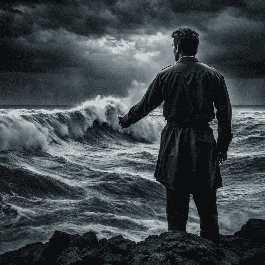 An image of a person standing at the edge of a dark, turbulent ocean, their outstretched hand reaching towards a towering wave