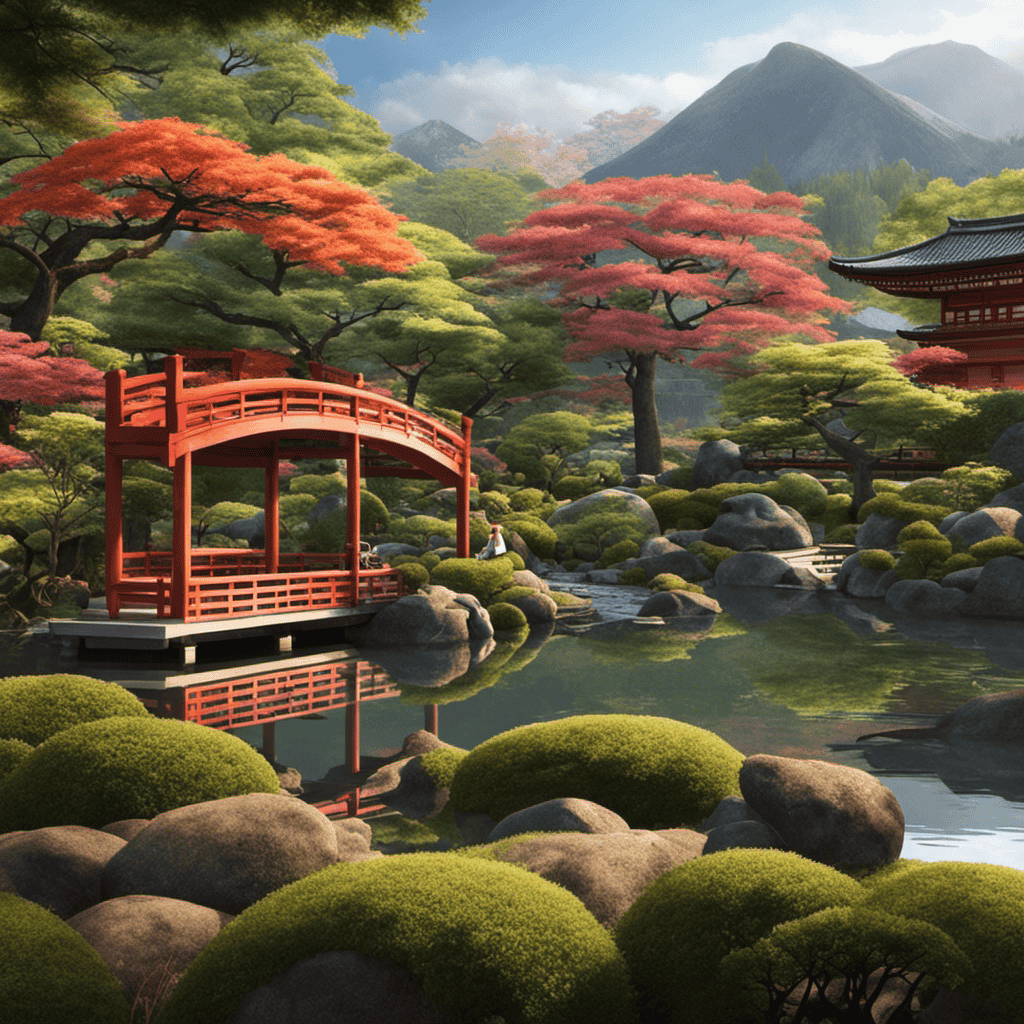 An image depicting a serene Japanese garden with a traditional tea ceremony taking place