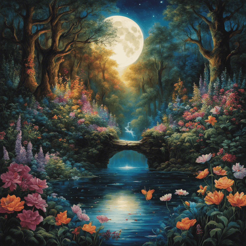 An image featuring an ethereal moonlit forest, where a mystical figure emerges from a shimmering pool, surrounded by floating symbols and vibrant flowers, symbolizing the gateway to the enigmatic realm of dreams