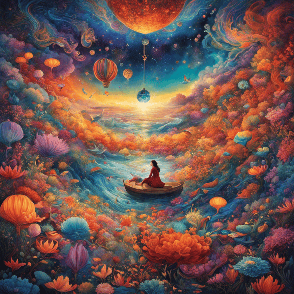 An image showcasing a person floating in a vast, ethereal sea of dreams, surrounded by vibrant, swirling colors and intricate dream symbols, symbolizing the limitless potential of using dreams as a transformative tool for self-discovery