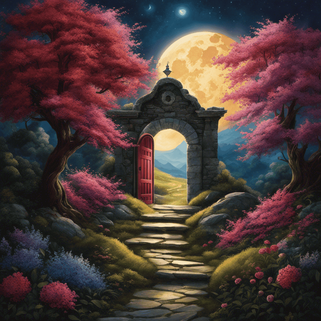 An image showcasing a serene, moonlit landscape with a winding path leading to a mysterious door