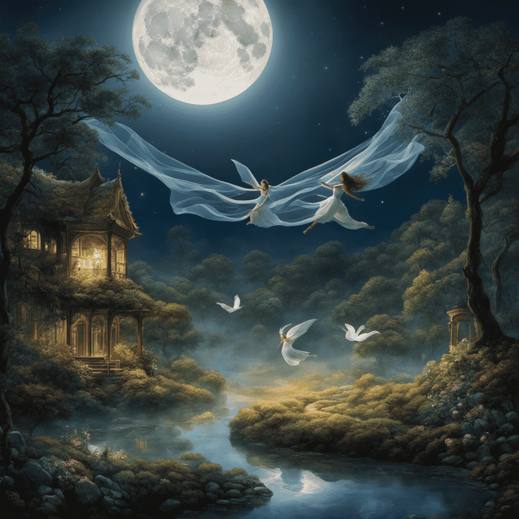 An image capturing the ethereal realm of lucid dreams: a peaceful, moonlit landscape where translucent figures dance in mid-air, symbolizing the liberation of the subconscious mind