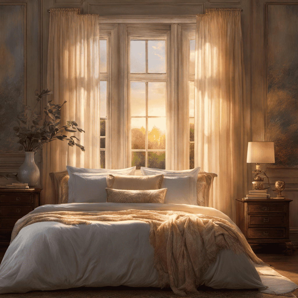 An image showcasing a serene bedroom scene at dawn, with a vintage journal and a delicate feather pen resting on a nightstand