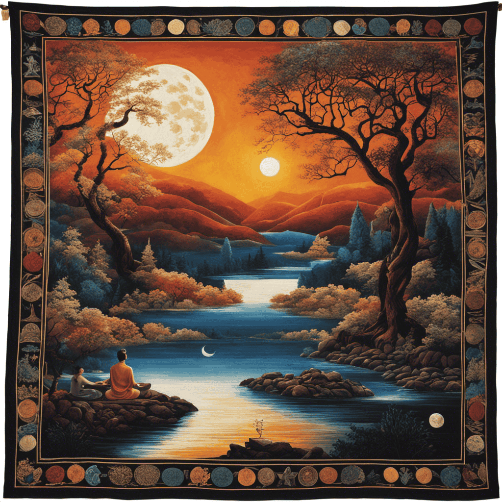 An image of a serene, moonlit landscape, with a person meditating near a tranquil river