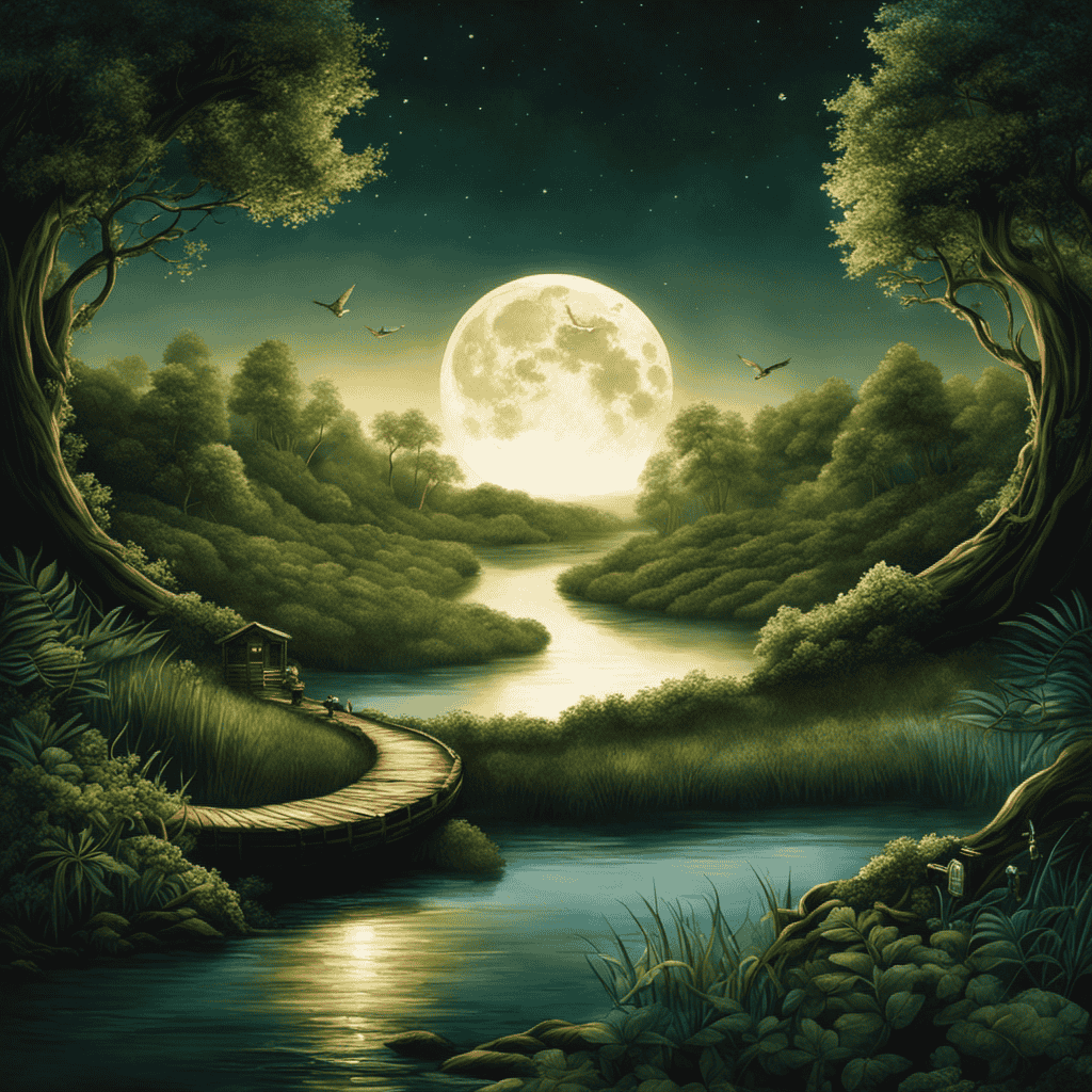 An image featuring a serene, moonlit landscape with a winding river, lush trees, and a mysterious key floating above it