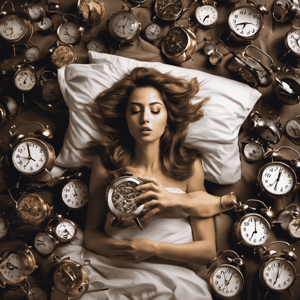 An image depicting a tired individual with heavy eyelids, tossing and turning in bed, surrounded by alarm clocks, representing the Sleep Deprivation Theory