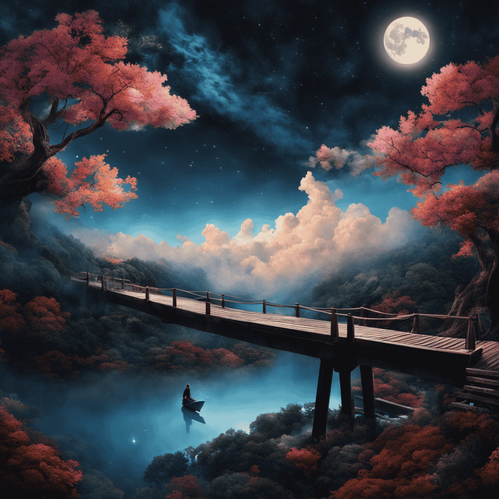 An image for a blog post about lucid dreaming theory by depicting a serene moonlit landscape with a sleeping figure surrounded by vibrant, surreal elements such as floating clouds, morphing shapes, and a translucent bridge between reality and dreams