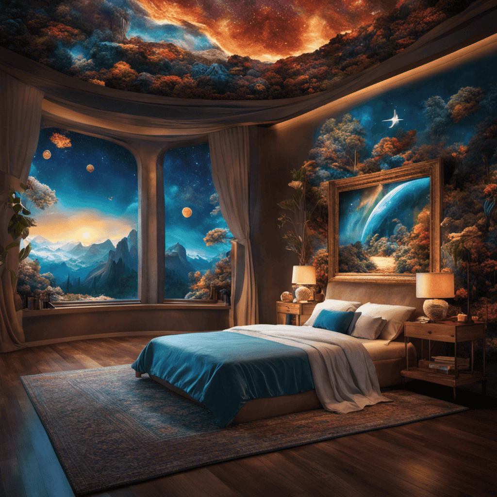 An image depicting a tranquil bedroom scene with a sleeping individual surrounded by vivid, surreal imagery floating above