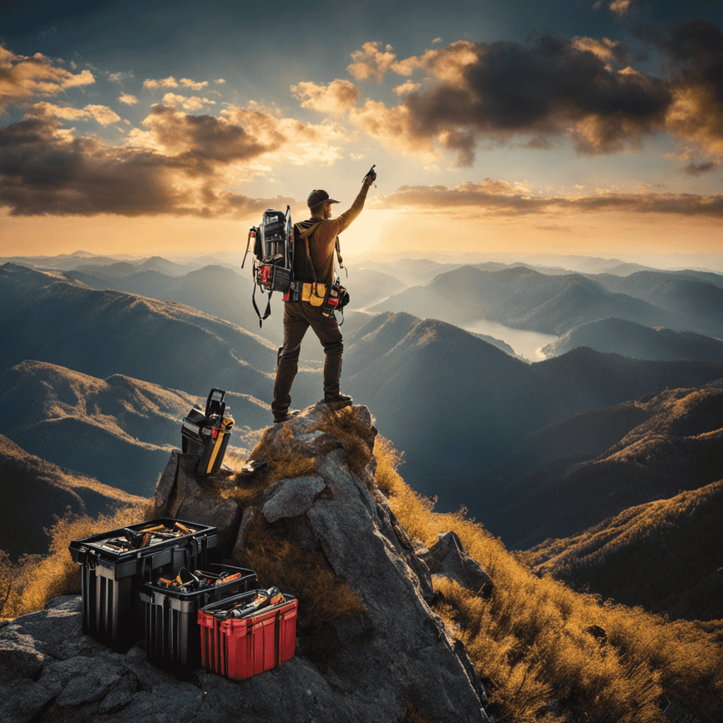 An image of a person standing at the top of a mountain, holding a toolbox filled with various tools used for personal growth