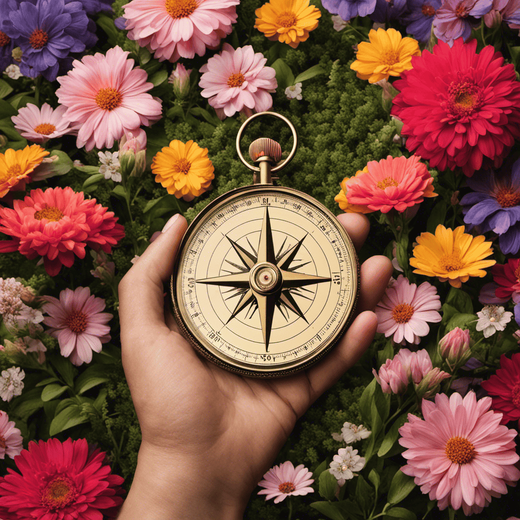 An image showcasing a hand holding a compass, surrounded by a vibrant garden of blooming flowers, symbolizing the essential goal-setting strategies for personal growth