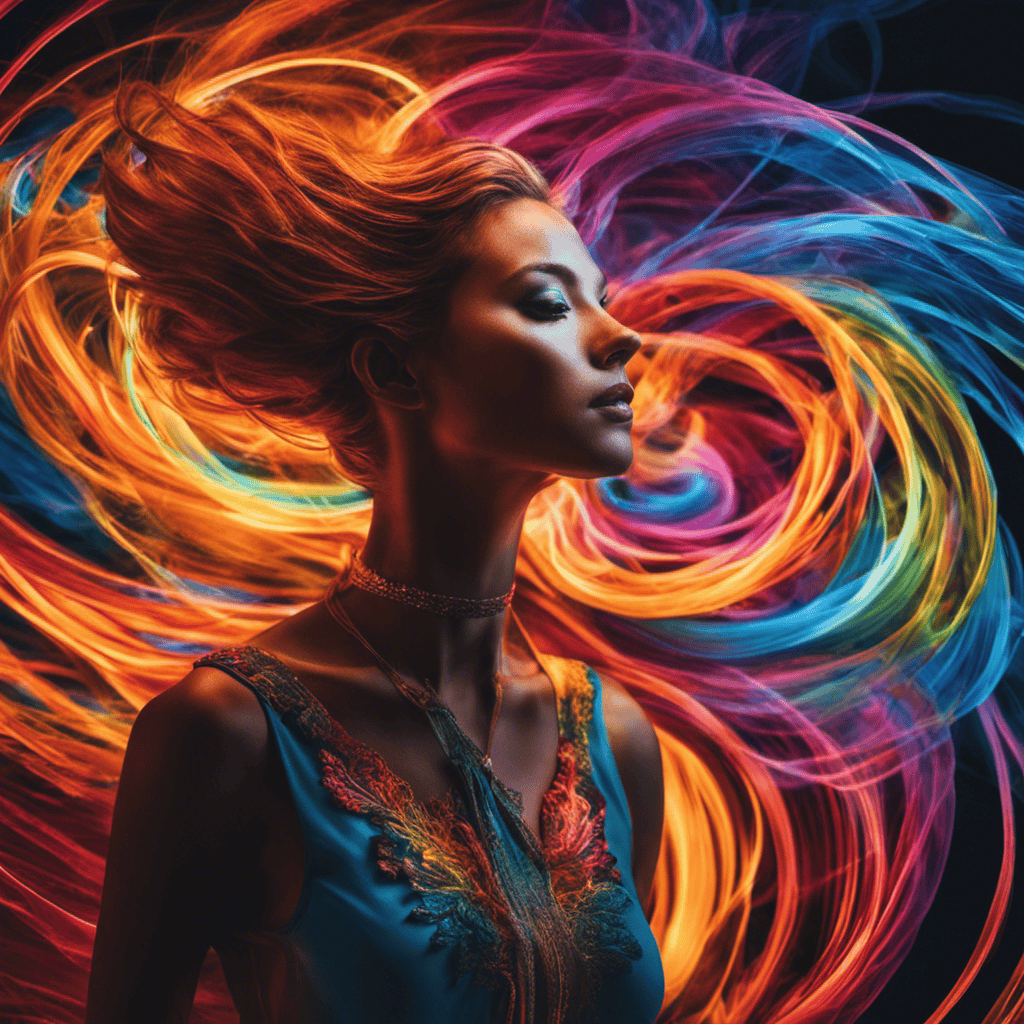An image showcasing a person surrounded by colorful, swirling bands of energy, captured through aura photography