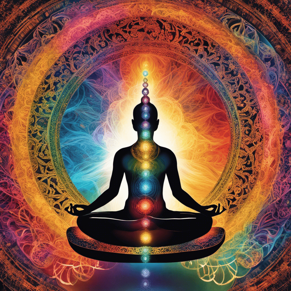 An image of a person meditating, surrounded by a vibrant and intricate network of swirling, colorful energy, symbolizing their chakras