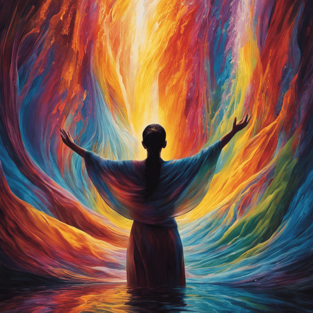 An image of a person surrounded by vibrant, swirling colors, standing under a cascading waterfall of shimmering light