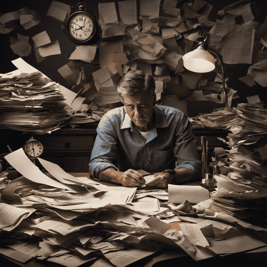 An image of a person sitting at a cluttered desk, surrounded by unfinished tasks, crumpled papers, and a clock ticking loudly in the background