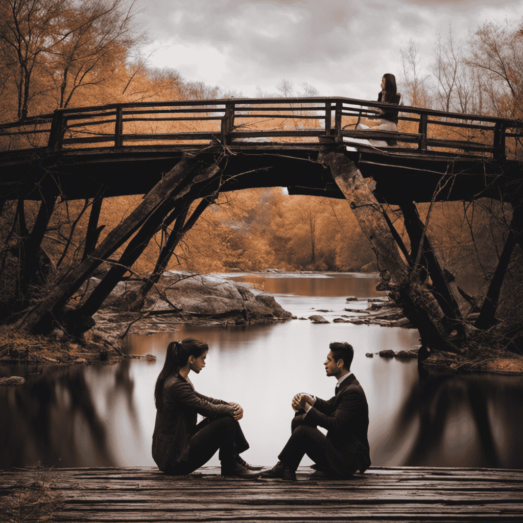 An image depicting a couple sitting on opposite sides of a cracked bridge, symbolizing the strain of stress on their relationship