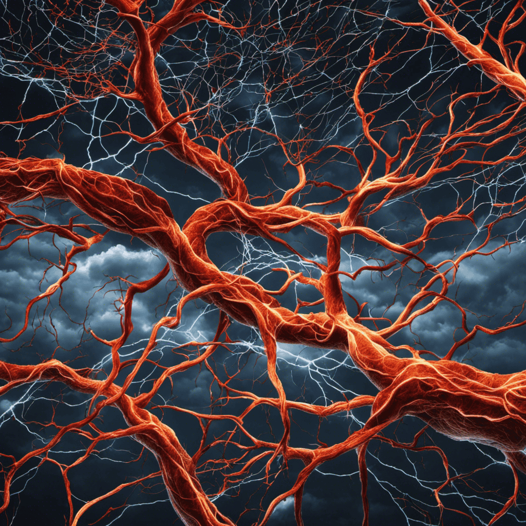 An image portraying a tangled web of nerves and arteries, interwoven with a storm of thunderclouds and lightning bolts, symbolizing the intricate connection between stress and its profound impact on physical health