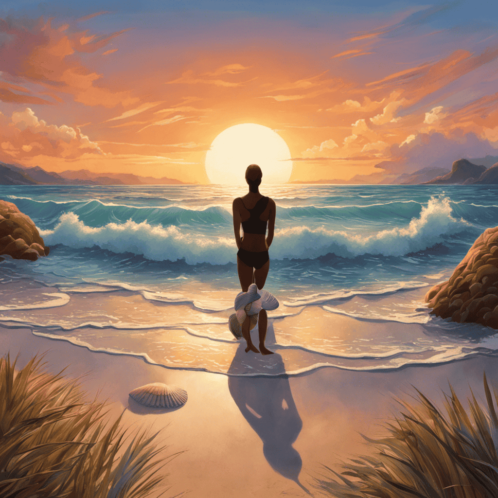An image depicting a serene beach scene at sunset, with a person practicing mindfulness, surrounded by calming elements like waves, seashells, and a gentle breeze, to illustrate effective stress management techniques