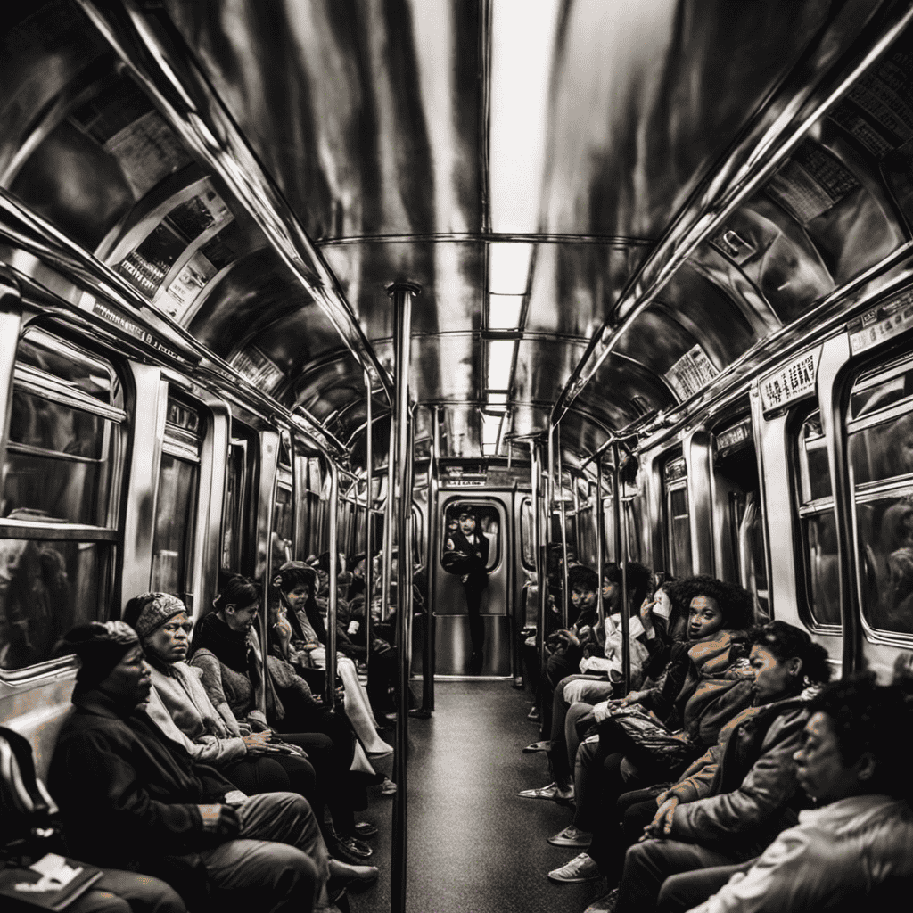 An image representing stress: A person in a crowded subway car, their face tense with worry, surrounded by blurred figures rushing past, while a stormy cloud looms overhead, symbolizing the impact of stress on mental health