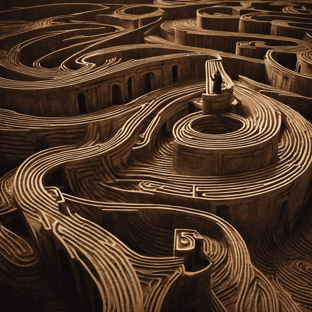 An image depicting a winding labyrinth, with a solitary figure navigating its intricate paths