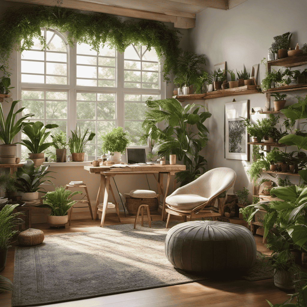 An image of a serene artist's studio bathed in natural light, adorned with lush green plants, a cozy reading corner, and a calming aroma diffuser, inviting viewers to explore self-care practices that ignite their creative energy
