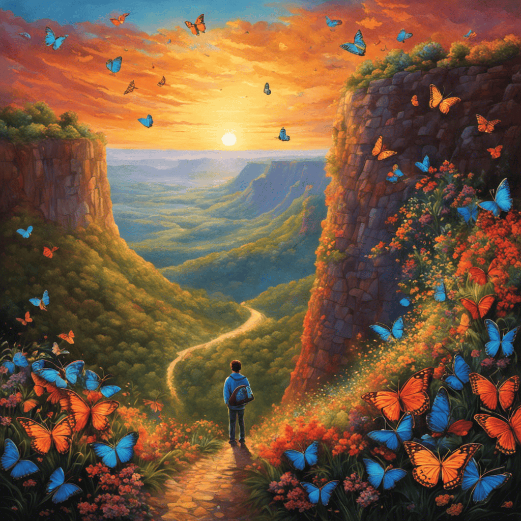 An image that captures the essence of embracing curiosity and wonder: A solitary figure standing on a cliff, gazing at a vibrant sunset, while a trail of colorful butterflies weaves through the air, symbolizing the endless possibilities that unfold when we open our minds to curiosity