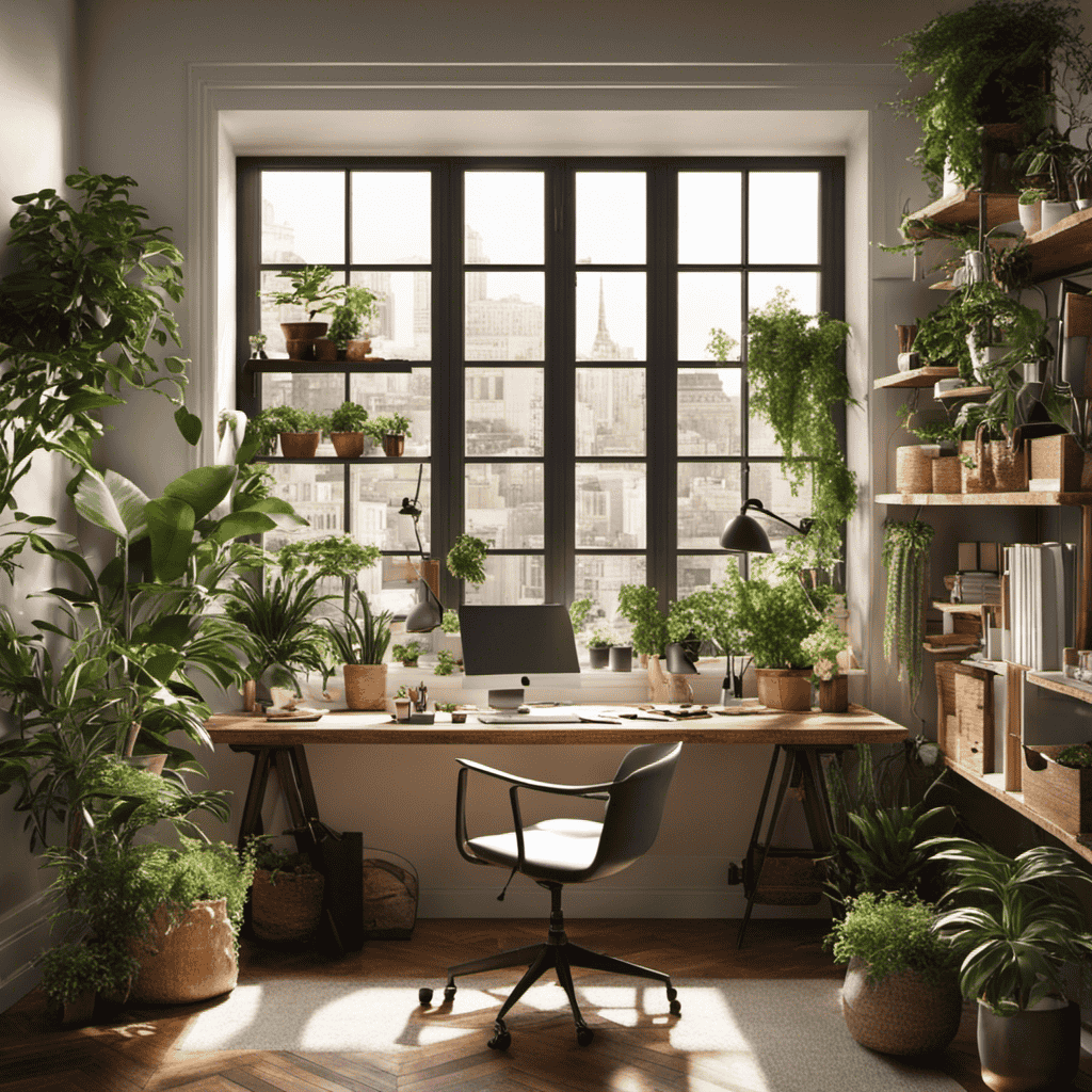  Design an image showcasing a well-lit, clutter-free workspace with a large, sun-filled window, a comfortable ergonomic chair, vibrant potted plants, a neatly organized desk, and an artistic mood board on the wall