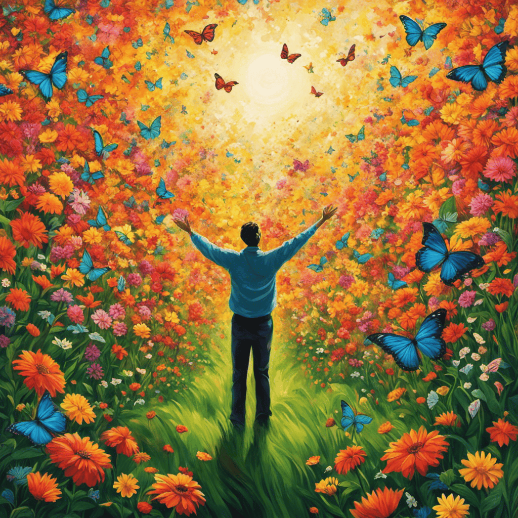 An image of a person standing in a lush green field, their arms outstretched towards the sky, surrounded by vibrant flowers and butterflies, symbolizing the limitless possibilities and boundless imagination of a cultivated creative mindset