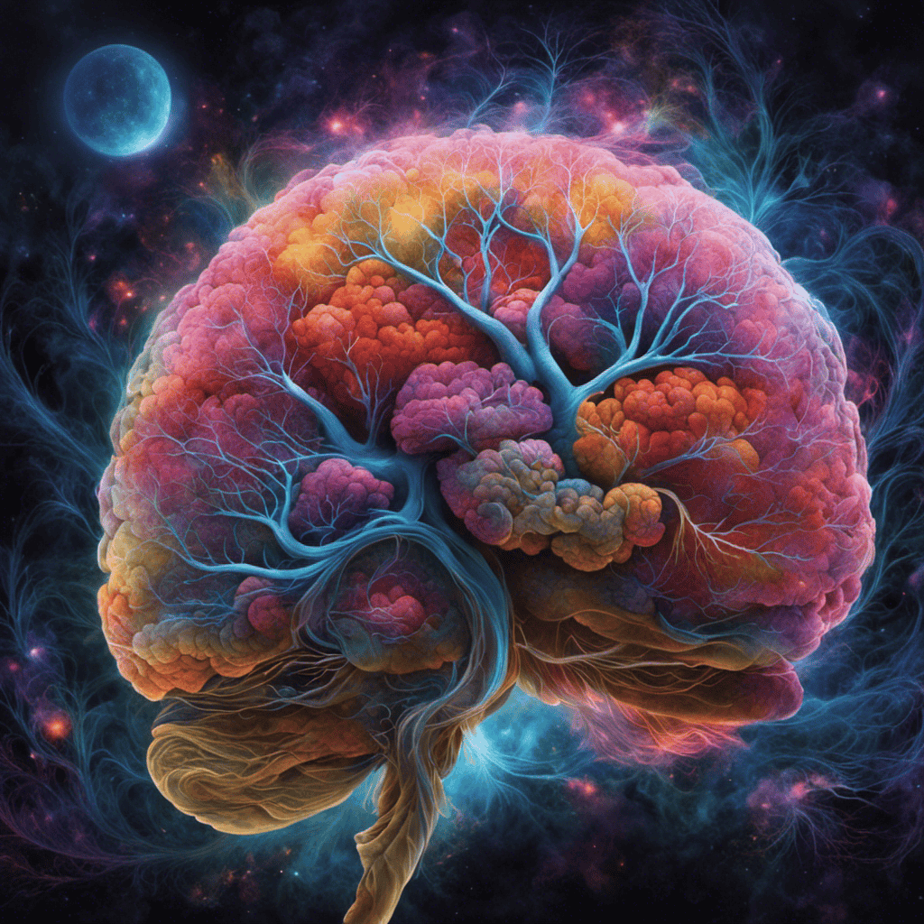 An image featuring a sleeping brain, delicately woven with vibrant neural pathways, as it releases a burst of colorful, ethereal fog that transforms into a vivid dreamscape, encapsulating the mysterious and captivating science behind dreams