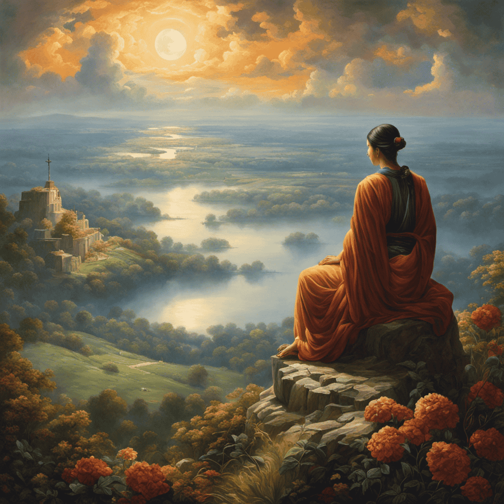 An image depicting a serene landscape, with a slumbering figure surrounded by clouds, symbolizing peaceful dreams