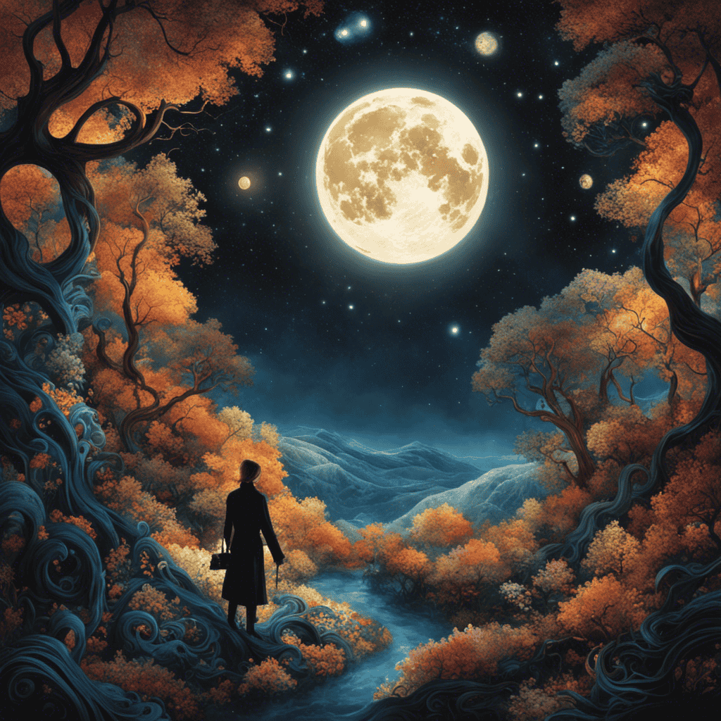 An image of a luminous moonlit night, where a silhouetted figure floats amidst a swirl of ethereal, fragmented scenes - a kaleidoscope of memories, desires, and surreal visions blending seamlessly - inviting contemplation on the enigmatic realm of dreams