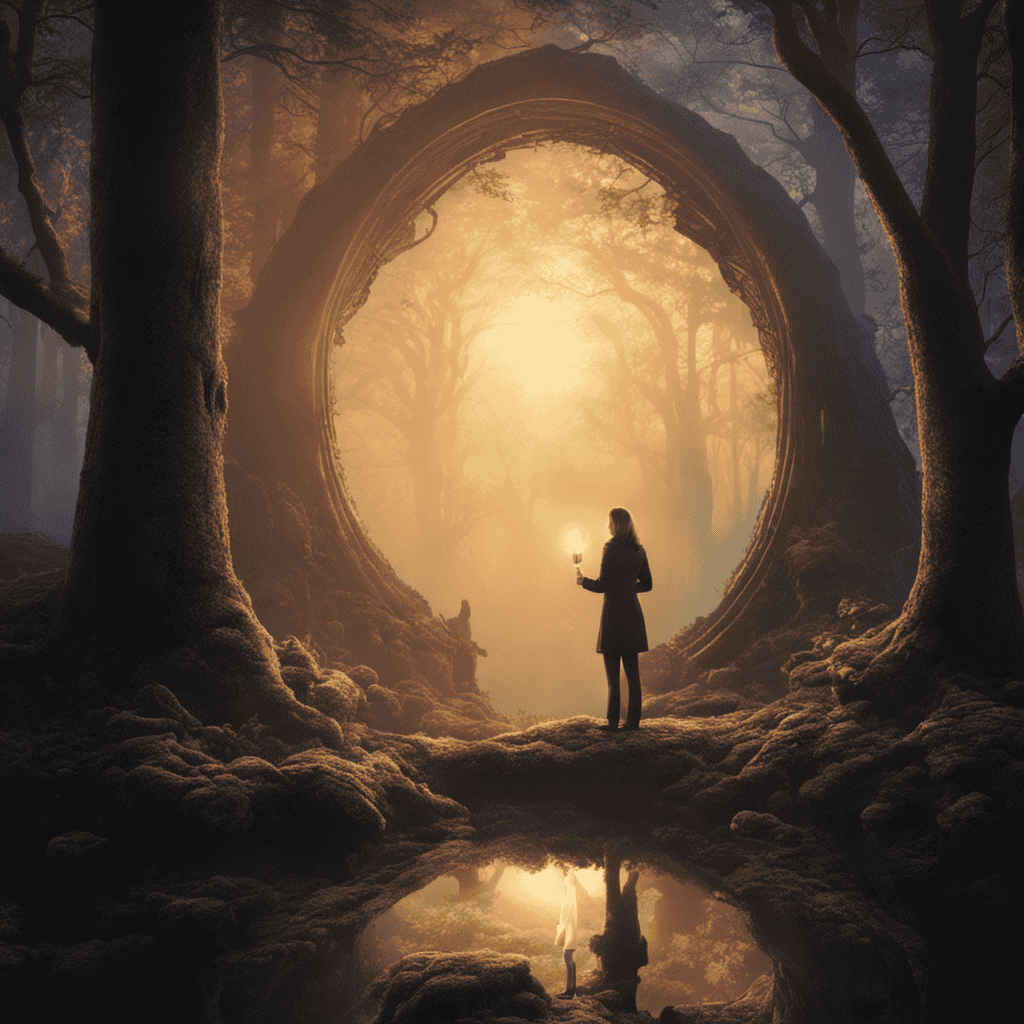 An image of a person standing at the edge of a misty forest, with their outstretched hand reaching towards a glowing keyhole