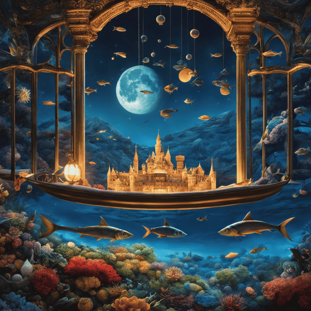 An image depicting a serene moonlit landscape where a dreamer effortlessly floats above their bed, surrounded by vibrant, surreal elements like flying fish and floating castles, symbolizing the power of lucid dreaming to control the dream world