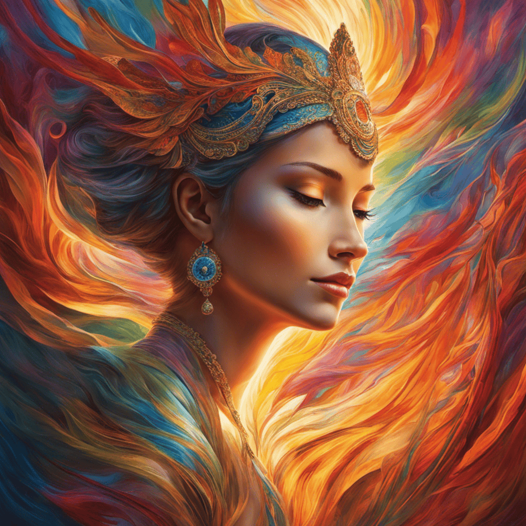 An image of a serene figure surrounded by vibrant, swirling colors