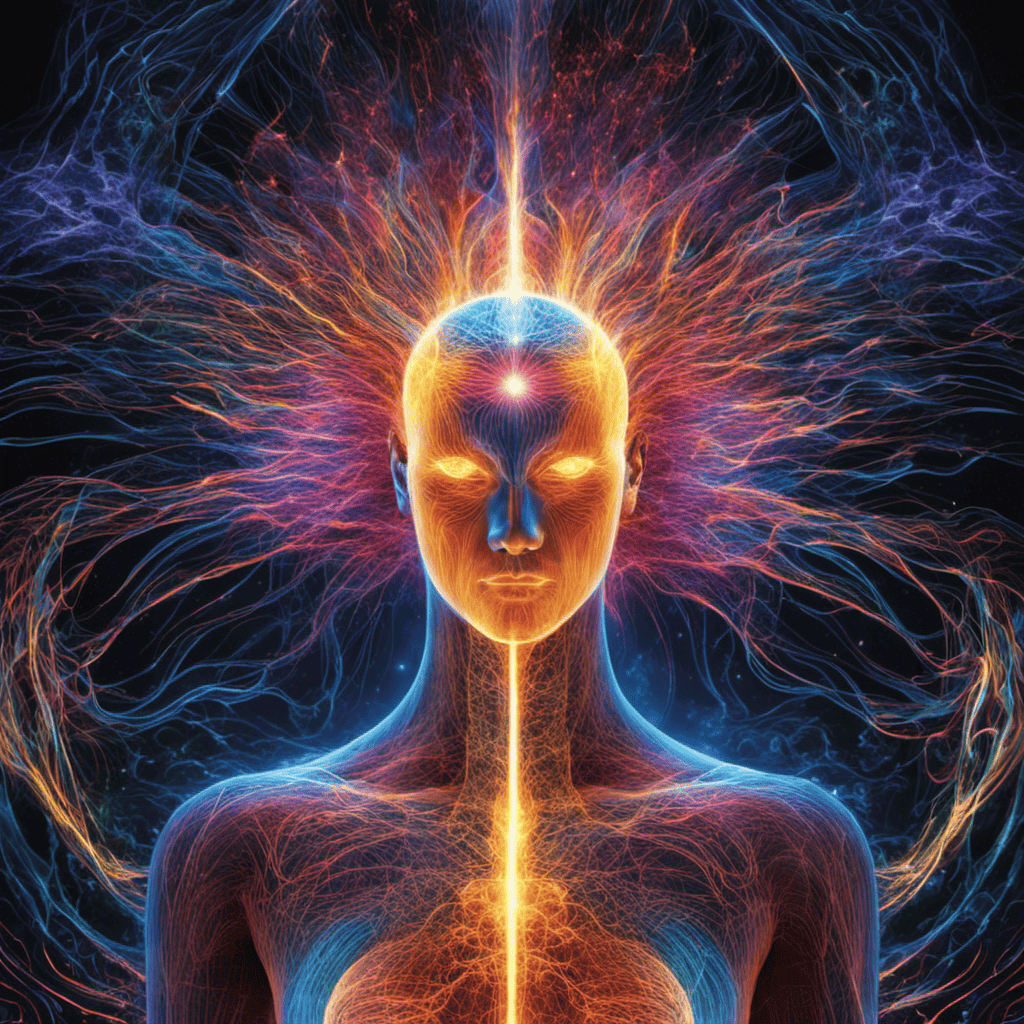 An image showcasing the intricacies of the human body's electromagnetic field, with vibrant hues radiating from key energy centers