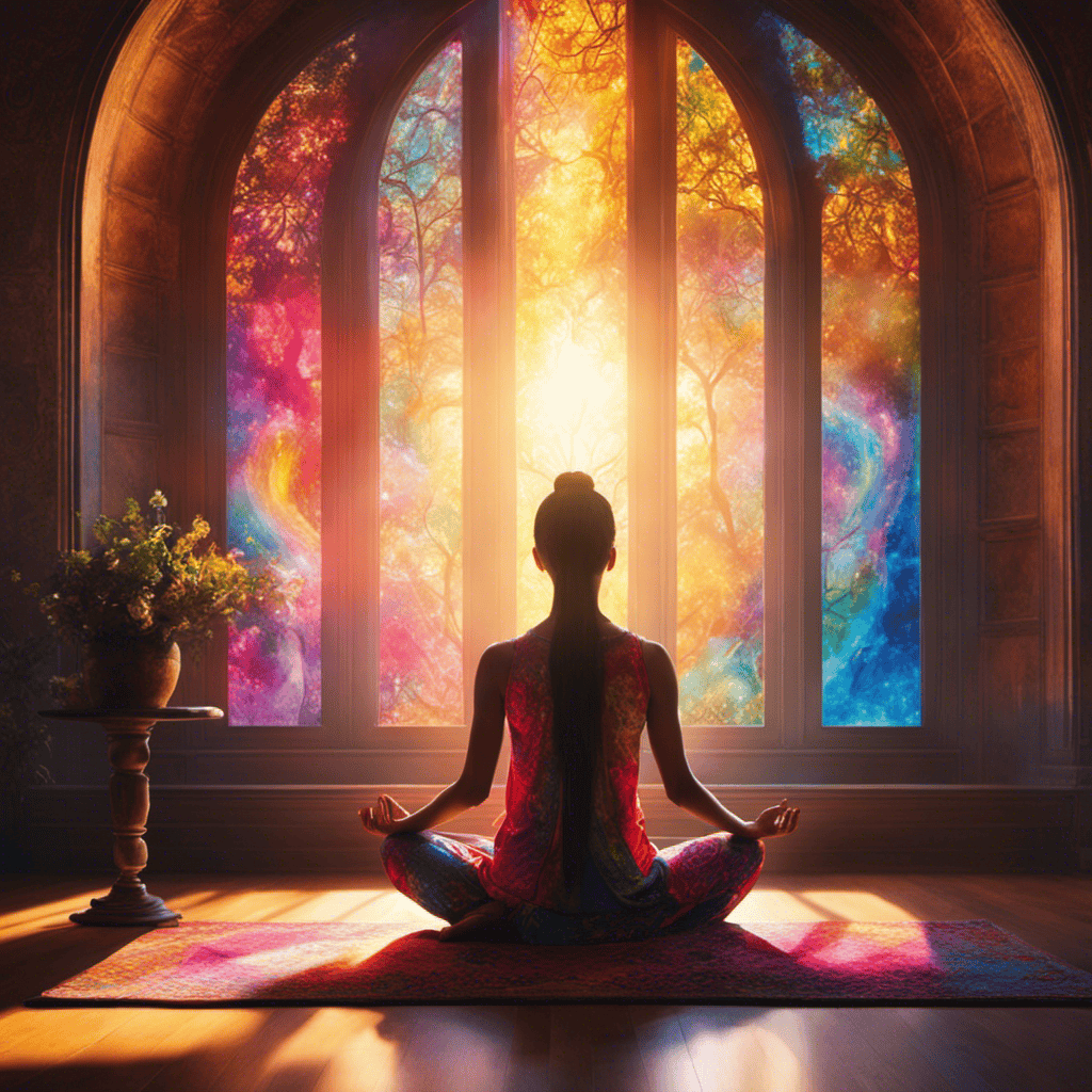 An image showcasing a person meditating in a sunlit room, surrounded by vibrant colors emanating from their body