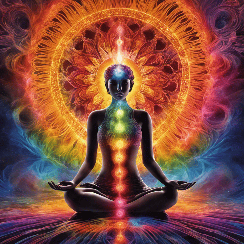 An image that vividly captures the ethereal essence of auras, with shimmering bands of vibrant colors radiating from a figure, symbolizing the profound connection between auras and spiritual awakening